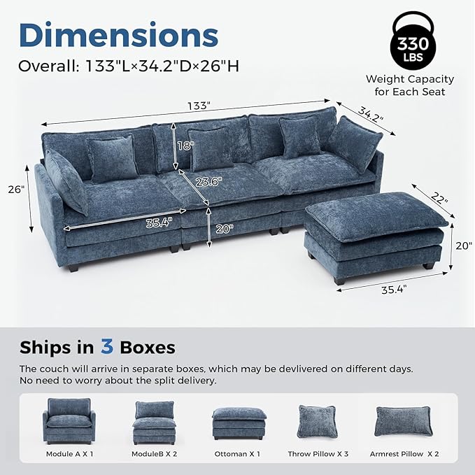 Redlife 133 Modular Sectional 3-Seater Sofa with Ottoman Chenille Couch Set with Spring &amp Double Foam Cushion System Removable Covers Easy to Assembly Blue