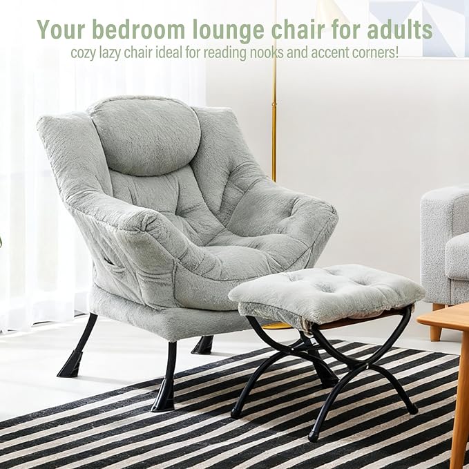 Lazy Chair with Ottoman Modern Accent Chair with Armrests and a Side Pocket Plush Green Accent Chairs Reading Chairs Oversized Armchairs for Bedroom Study Living Room Courtyard