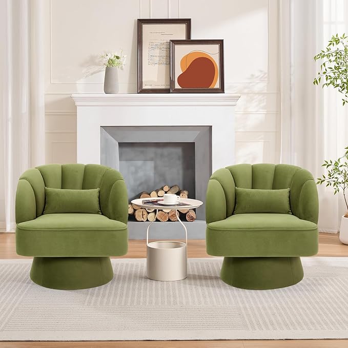 Mid Century Modern Swivel Barrel Chair - 360° Swivel Accent Chair with Plush Velvet Upholstery &amp Wide Cushioned Seat Round Lounge Sofa Chair for Living Room Bedroom Office (Green 2 PCS)