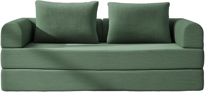 4-in-1 Folding Convertible Sofa Bed 78 Inch Oversized Corduroy Loveseat Sleeper with Pull Out Bed Boneless Futon Couch for Living Room Bedroom No Assembly Needed Green