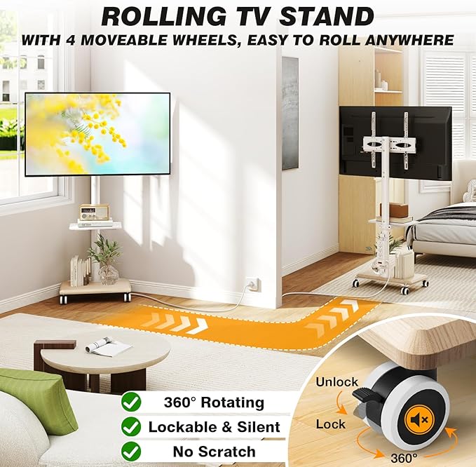 5Rcom Rolling TV Stand with Power Outlet for 32-60 inch TVs Swivel and Height Adjustable Mobile TV Stand with Shelf Strong TV Cart on Wheels up to 88 lbs for Living Room Bedroom and Office White