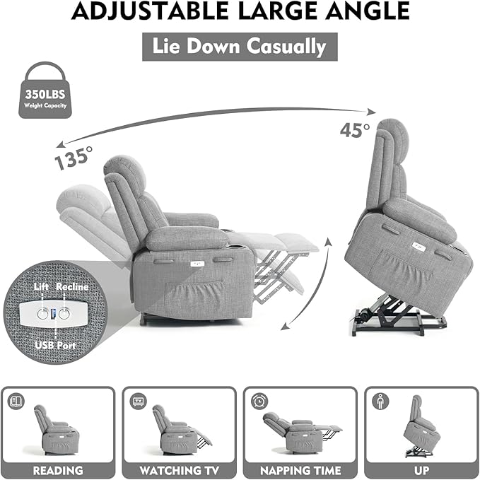 Polar Aurora Power Lift Chair for ElderlyElectric Recliner Chair with Heating and Vibrating MassageLiving Room Chair with Adjustable BackThickened armrestUSB Ports2 Cup HoldersGray