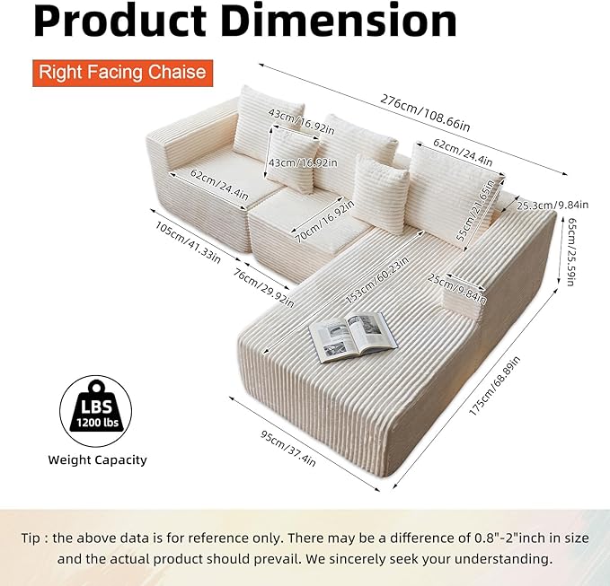 108” Boneless Couch for Living RoomModular Sectional Sofa with Right ChaiseCloud Sectional Couch L-Shaped Deep Seat Corner Couches for BedroomBeige