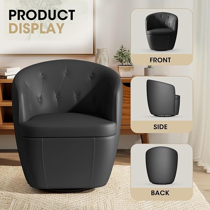 360° Swivel Leather Accent Chair Modern Barrel Club Chair with Leather Upholstery and Sturdy Base Comfortable Armchair for Living Room Bedroom Reading Nook Brown