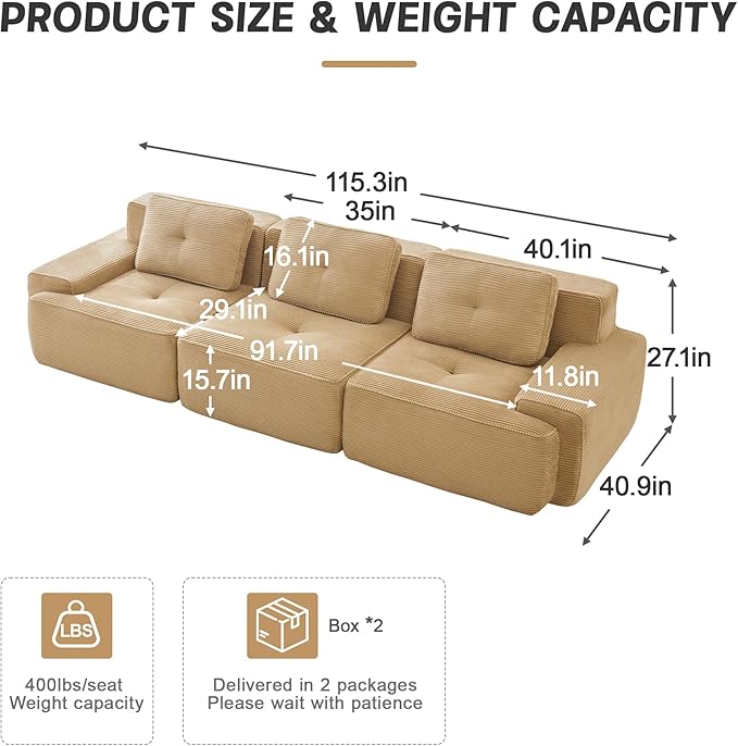 117 Modern Corduroy Cloud Sofa Boneless Modular Large Sectional Couches for Living Room Camel 3 Seater Compressed Memory Foam Couch Extra Deep Seat No Assembly