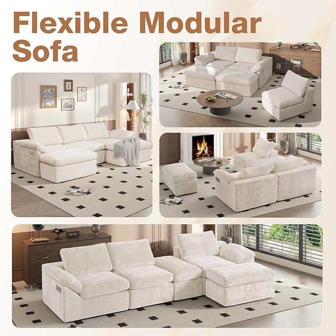 5 Seater Modular Sectional Cloud Couch 108 ”Comfort U-Shaped Boneless Couch for Living Room Deep Seat Sofa Bed with 2 Movable Ottoman High-Res ilience Sponge No Assembly Required White