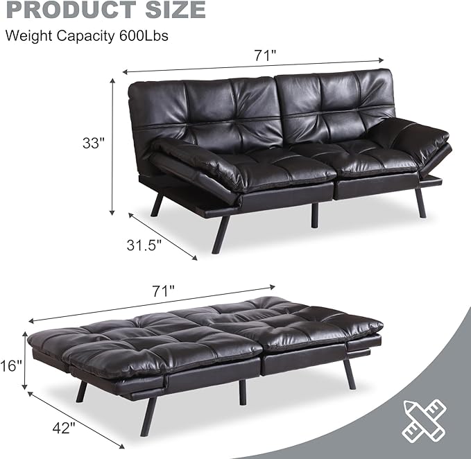 MUUEGM Futon Sofa Bed Convertible CouchMemory Foam Futon Sofa CouchSleeper Futons Sofa CouchesSmall Splitback Modern Loveseat Sofa Bed for Living RoomOfficeApartmentFaux LeatherBlack.
