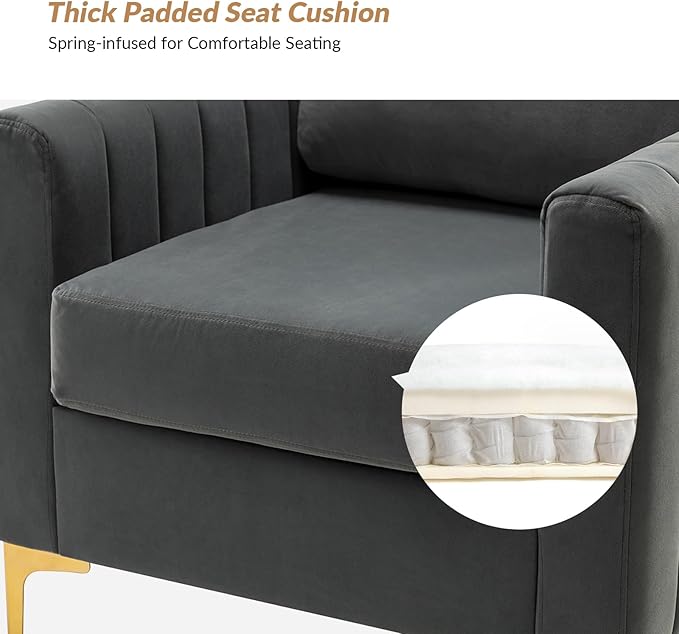 HULALA HOME Velvet Accent Club Chair Modern Velvet Armchair Upholstered Accent Sofa Chair with Gold Metal Legs Mid-Century Barrel Leisure Comfy Reading Armchair Grey