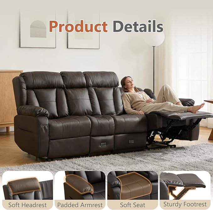 AHMED 3-Seat Manual Reclining Sofa Faux Leather Recliner Couch with Flip-Down Console Home Theater Seating with Cup Holders USB Ports &amp AC Outlet Storage Drawer for Living Room/RV Dark Brown