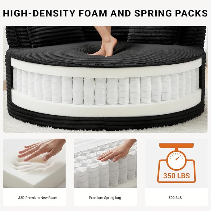 54-inch Oversized Round Chaise Longue Chair Indoor Modern Upholstered Corduroy Deep Seat Circle Chair Single Cloud Lounge Floor Sofa Chair for Living Room Bedroom Apartment Black