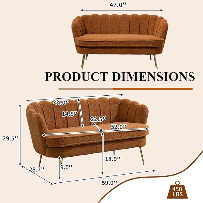 59 Wide Loveseat Sofa Boucle Upholstered Small Couch with Petal-Shaped Design Modern Leisure Sofa with Gold Metal Legs Mini Room Couch for Bedroom (Caramel-Boucle)