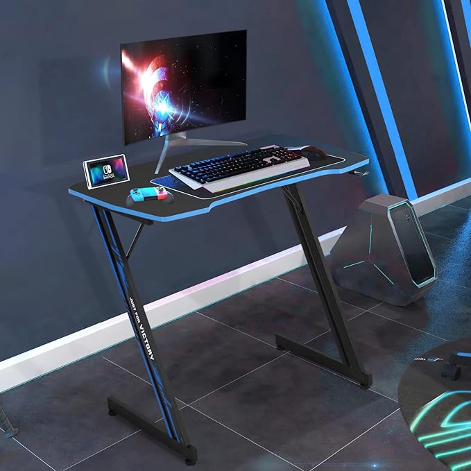 35 Inch Gaming Computer Desk with Headphone Hook Z-Shaped PC Gaming Table Home Office Desks Gaming Desk for Small Places Carbon Fiber Surface Simple Installation Black