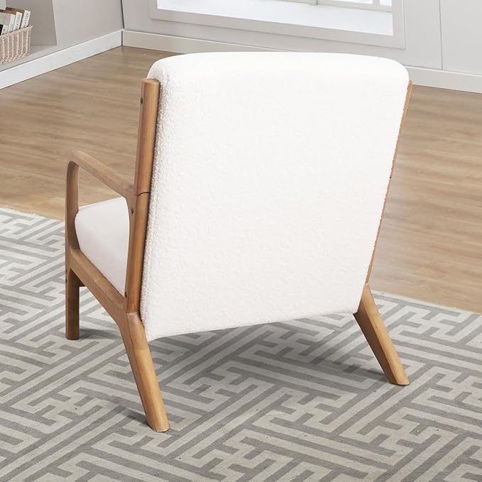 INZOY Mid Century Modern Accent Chair with Lamb Wool Fabric Upholstered Living Room Chairs with Waist Cushion Reading Armchair for Bedroom Sunroom White