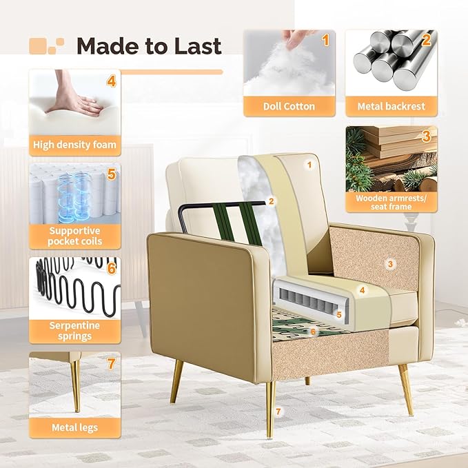 VINGLI Modern PU Leather Accent Chairs Set of 2 Single Sofa Chair with Pocket Coil Seat Metal Backrest &amp Solid Wood Frame Upholstered Armchair for Living Room Bedroom or Office