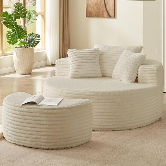 Oversized Round Chaise Lounge Chair Indoor with Ottoman Modern Upholstered Corduroy Circle Couch with Pillows Boneless Round Chairs for Living Room Apartroom No Assembly Required White