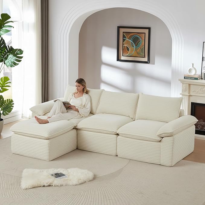 KEIKI 111 L-Shaped Oversized Corduroy Modular Sectional Sofa with 1 Ottoman &amp High-Density Foam Cushion &amp Pillows Upholstered Modern Cloud 3-Seater Couch Easy Assembly for Living Room Whi