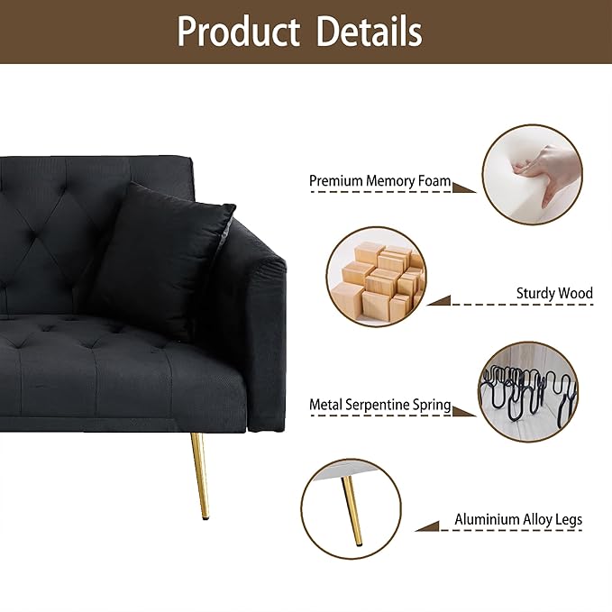 71 Velvet Futon Sofa Bed Convertible Sleeper Couch with 2 Pillows - Modern Loveseat Small Sofa 3-Angle Adjustable Backrest Golden Metal Legs for Living Room Bedroom Apartment Easy Assembly (Black)