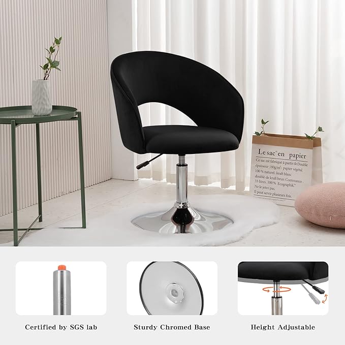 Furnimart Adjustable Black Vanity Chair with Back Velvet Makeup Chair Swivel Accent Chair with Chrome Frame Hollow Backrest Side Chair for Living Room Makeup Room Bedroom (Black)