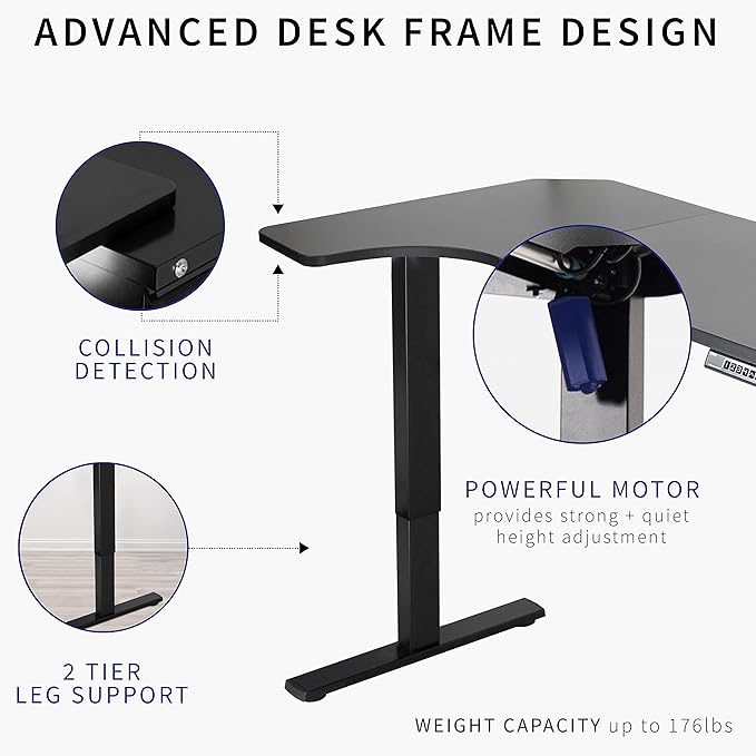 VIVO Electric Corner 58 x 35 in L-Shaped Standing Desk Memory Height Adjustment Holds 220 lbs Reversible Black Top Black Frame DESK-KIT-1BRB