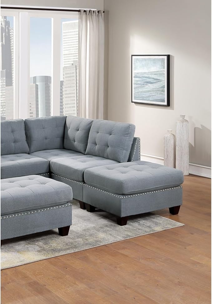 Contemporary Tufted Armless Chair Gray Linen-Look Fabric with Nailhead Trim Perfect for Living Room Bedroom 1-Piece