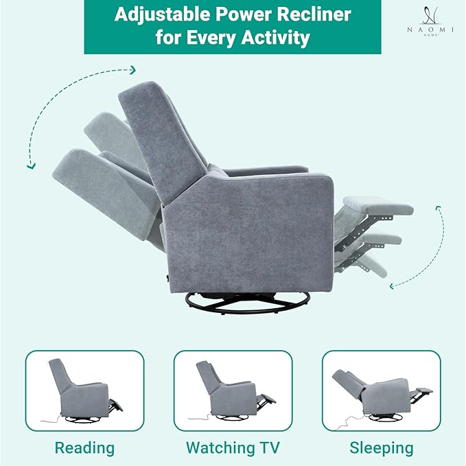 Naomi Home Tanya Luxury Motion Recliner Chair Gray – Plush Upholstered Glider Rocker with USB Charging Swivel and Lumbar Support for Nursery Comfort 275 lbs Capacity