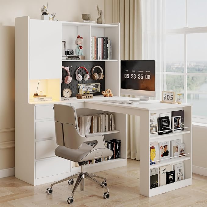L Shaped Desk with Hutch and 4 Drawers Computer Desk with USB Ports Power Outlets &amp LED Light Wood Corner Computer Desks with Storage Shelves for Home Office White Right Long