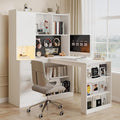 L Shaped Desk with Hutch and 4 Drawers Computer Desk with USB Ports Power Outlets &amp LED Light Wood Corner Computer Desks with Storage Shelves for Home Office White Right Long