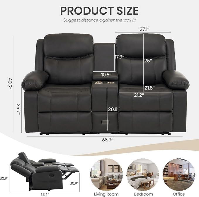 Reclining Loveseat Sofa with Massage &amp Heat Recliner Couch RV Love Seat Chair Side Pockets Extra Storage Cup Holders Adjustable Headrest &amp USB Ports for RV Home Theater Living Room