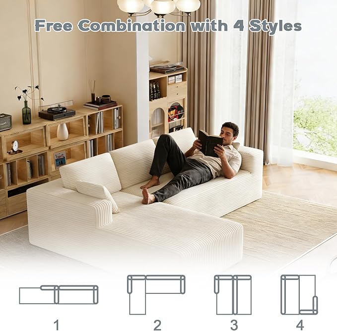 106 Corduroy Sectional Couch Boneless L Shaped Couch with Deep Seat Cloud Foam Sofa with Oversized Chaise Sectional Sofa No Assembly Needed for Living Room