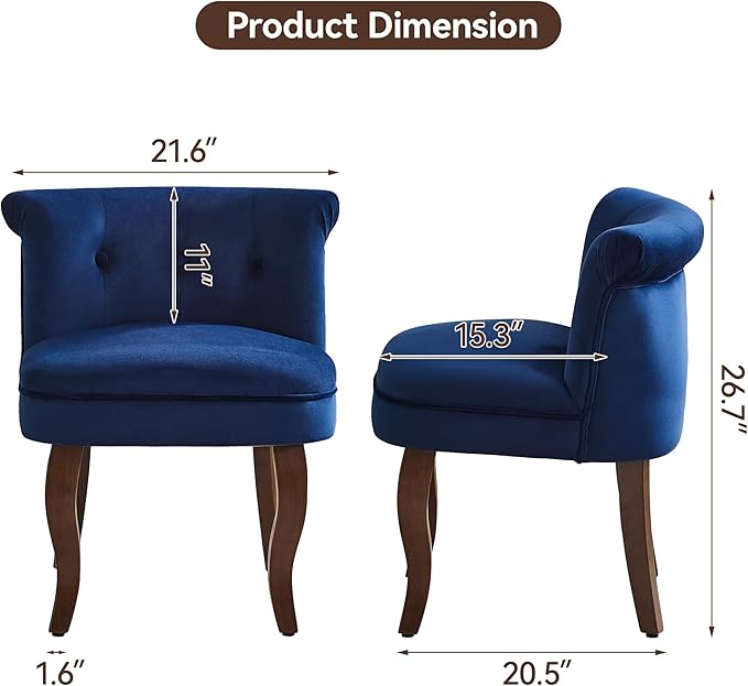 Velvet Vanity Chair with Back Tufted Upholstered Vanity Stool with Solid Wood Legs Mid Century Small Makeup Chair for Vanity Accent Chair for Bedroom Living Room Navy