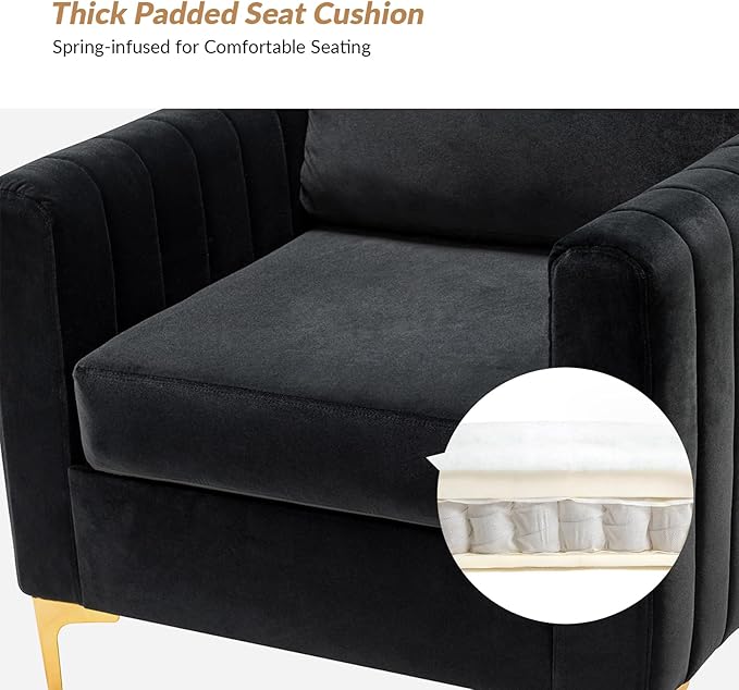 HULALA HOME Velvet Accent Club Chairs Set of 2 Modern Velvet Armchair Upholstered Accent Club Chairs Sofa Chairs with Gold Metal Legs Mid-Century Barrel Leisure Comfy Reading Armchair Black