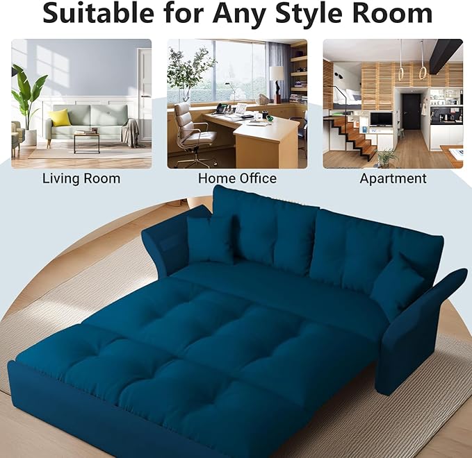 74.8 Queen Pull Out Sofa Bed 3-in-1 Convertible Sleeper Sofa Bed Velvet Small Loveseat for Small Spaces Comfy Cloud Pullout Couches Multi-Functional Couches for Living Room Bedroom Lounge(Blue)