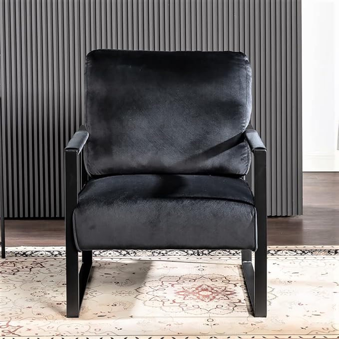 Classic Mid Century Modern Accent Chair with Square Metal e Armchair for Living Room Bedroom Home Office in Plush Velvet Upholstery Black