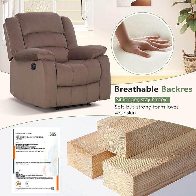 ANJ Fabric Recliner Chair Set of 2 with Overstuffed Arm and Back Comfy Chocolate Manual Reclining Chairs for Adults Living Room Single Sofa Recliners