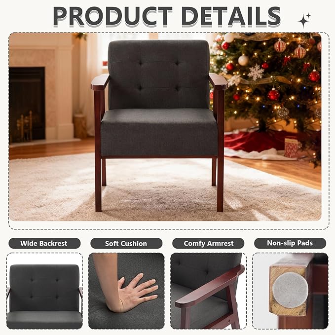 Mid-Century Accent ChairModern Fabric Living Room Chairs with Solid Wood FrameComfy Armchair Lounge Reading Chairs for Bedroom Office Small Spaces (Grey-Fabric)
