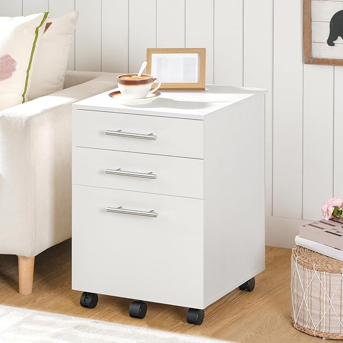 HOOBRO 3-Drawer File Cabinet Wooden Under Desk Filing Cabinet fits A4/Letter Size for Home Office Small Rolling Storage Drawer Chest Printer Stand with Drawers White WW02WJ01G1