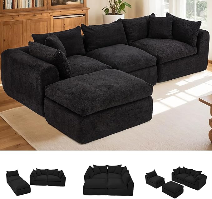 AVAWING 113 Modular Sectional Sofa Modern L Shaped Cloud Couch with Deep Seat &amp Ottoman Soft Boneless Sofa with Chaise for Living Room &amp Bedroom No Assembly Needed (Black)