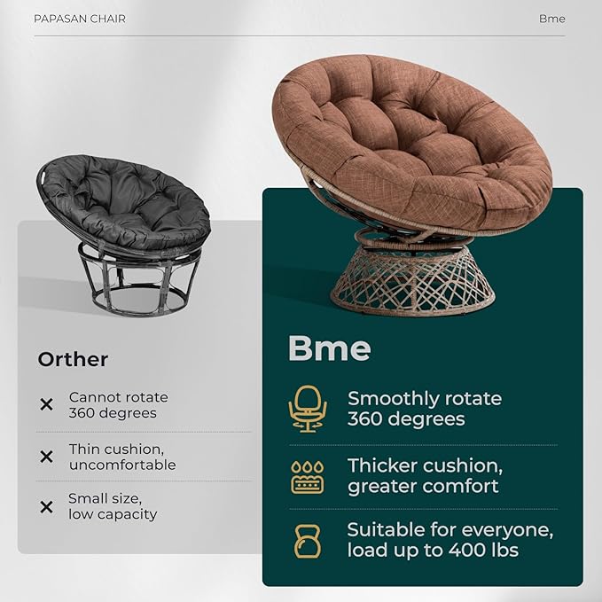 Bme 40 Ergonomic Wicker Papasan Chair with Soft Thick Cushion &amp Frame 360° Swivel Circle Reading Comfy Chair for Living Room Bedroom