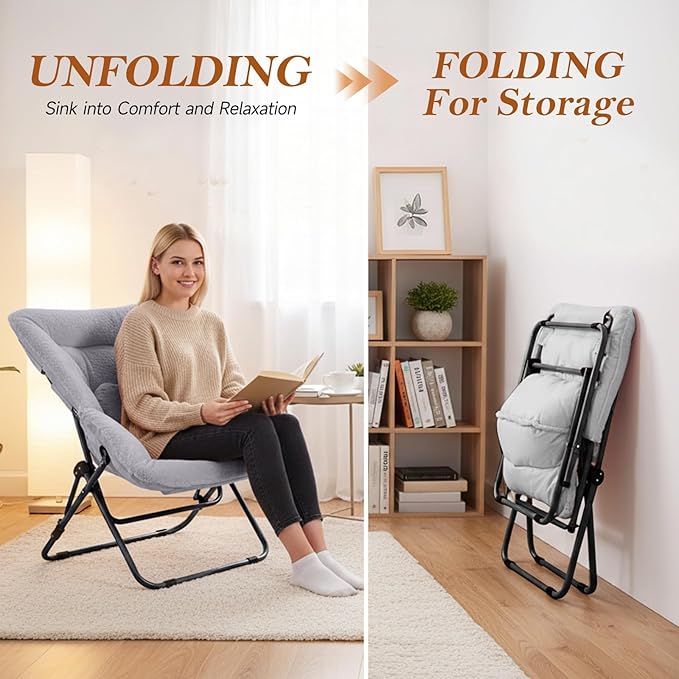 Saucer Chair with Ottoman Oversized Foldable Faux Fur Chair X-Large Soft Dorm Chair Patio Study Playroom (Grey)