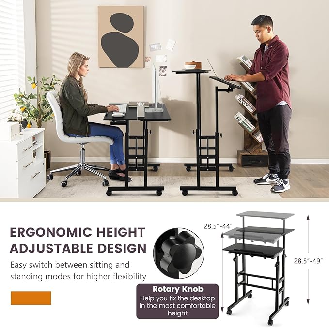 Standing Desk Height Adjustable Sit-Stand Desk with Tiltable Desk Top Rolling Laptop Stand &amp Workstation Mobile Stand up Computer Desk on Wheels for Small Spaces Home &amp Office (Black)