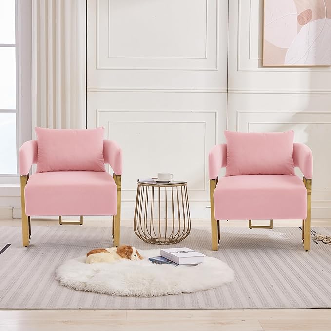 YITAI Modern Accent Chairs no Wheels Living Room Side Chairs Set of 2 with Golden Metal Legs Barrel Soft Velvet Upholstered Reading Armchairs for OfficeReception RoomBedroomLoungePink