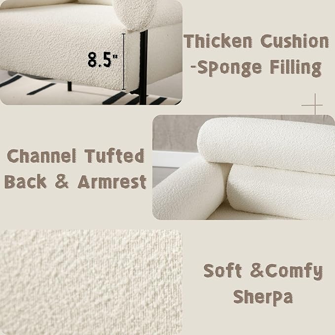 Modern Accent Chair Boucle Sofa Accent Chair for Living Room Upholstered Sherpa Mid-Century Modern Armchair Oversized Reading Chair with Channel Tufted for Bedroom Office White