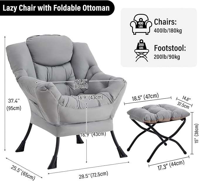 Lazy Chair with Ottoman Modern Accent Chairs with Folding Footrest Light Grey Sofa Chair Set Comfortable Reading Chairs Oversized Armchairs for Bedroom Study Living Room Courtyard