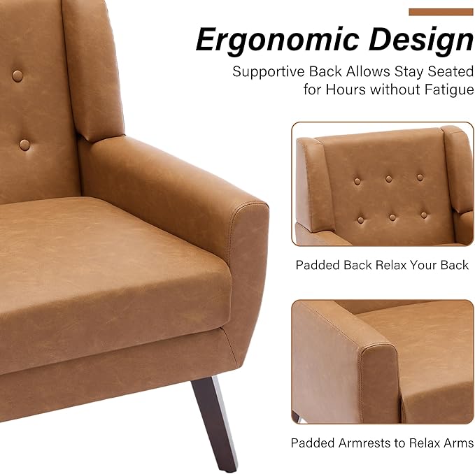 Accent Chairs Set of 2 Modern Faux Leather Armchairs for Living Room Comfy Upholstered Arm Chairs Tufted for Indoor Bedroom Office Room (P Brown)
