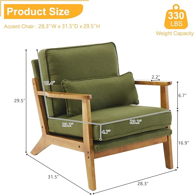 Karl home Accent Chair Wide Armrest Mid-Century Lounge Chair Linen Fabric Armchair with Lumbar Pillow &amp Solid Wood Frame for Living Room Bedroom Balcony Green