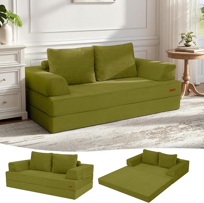 COMAX Convertible Sofa Bed Folding Floor Couch Corduroy Fold Out Couch Bed Futon Sleeper Mattress with Pillows Boneless Sofa Comfy Lounge Loveseat for Living Room Bedroom Light Green