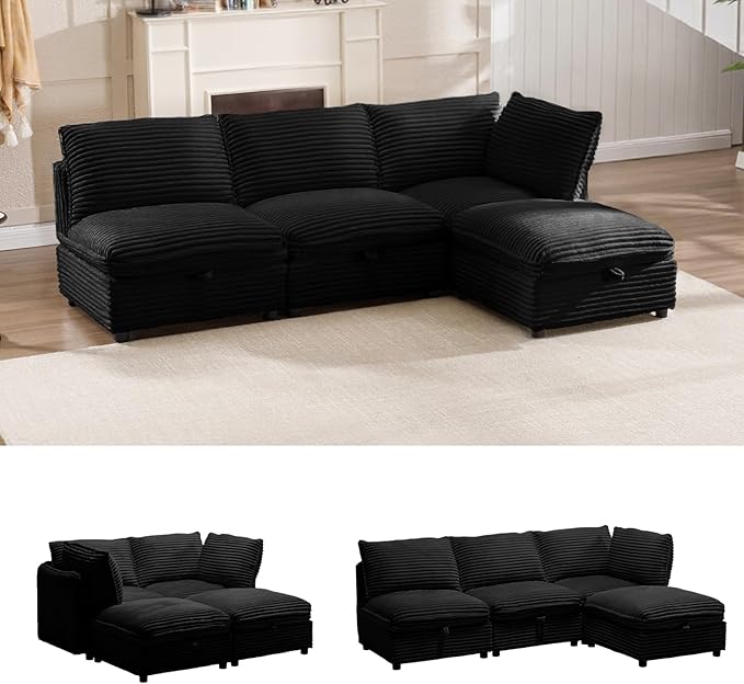 92 Modular Sectional 4 Seater Sofa with Removable Covers and Storage Convertible L-Shaped and Sleeper Sectional Modern Corduroy Couches with Ottoman Chaise for Living Room Apartment Black
