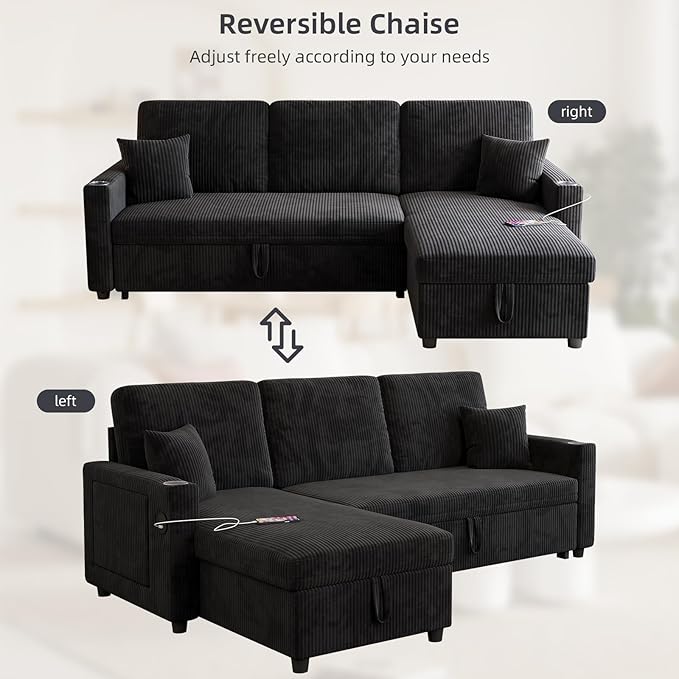 L-Shape Sleeper Sofa with Pull-Out Couch Bed Storage &amp Ports Cup Holders Side Pockets &amp Side Table for Living Room Apartment Jet Black