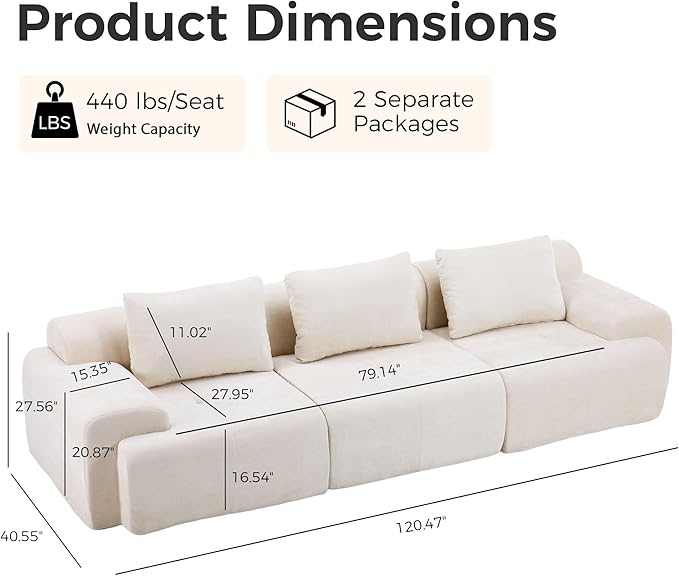 120.5 Modular Sectional Sofa Chenille Upholstered Boneless Couch Modern Deep Seat Cloud Sectional Couches for Living Room Oversized 3 Seater Couch No Assembly Beige