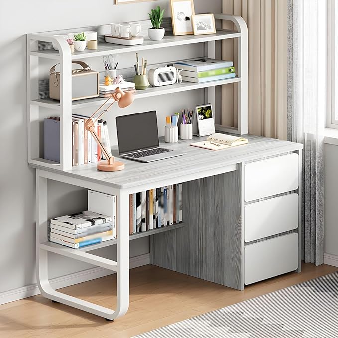 CraftThink Writing Desk Rectangular Study Table with 3-Drawer and Storage Shelves Computer Desk Work Table with Hutch for Home Office Without Chairs (Grey Desk 39.5 L x 19 W x 56.5 H)